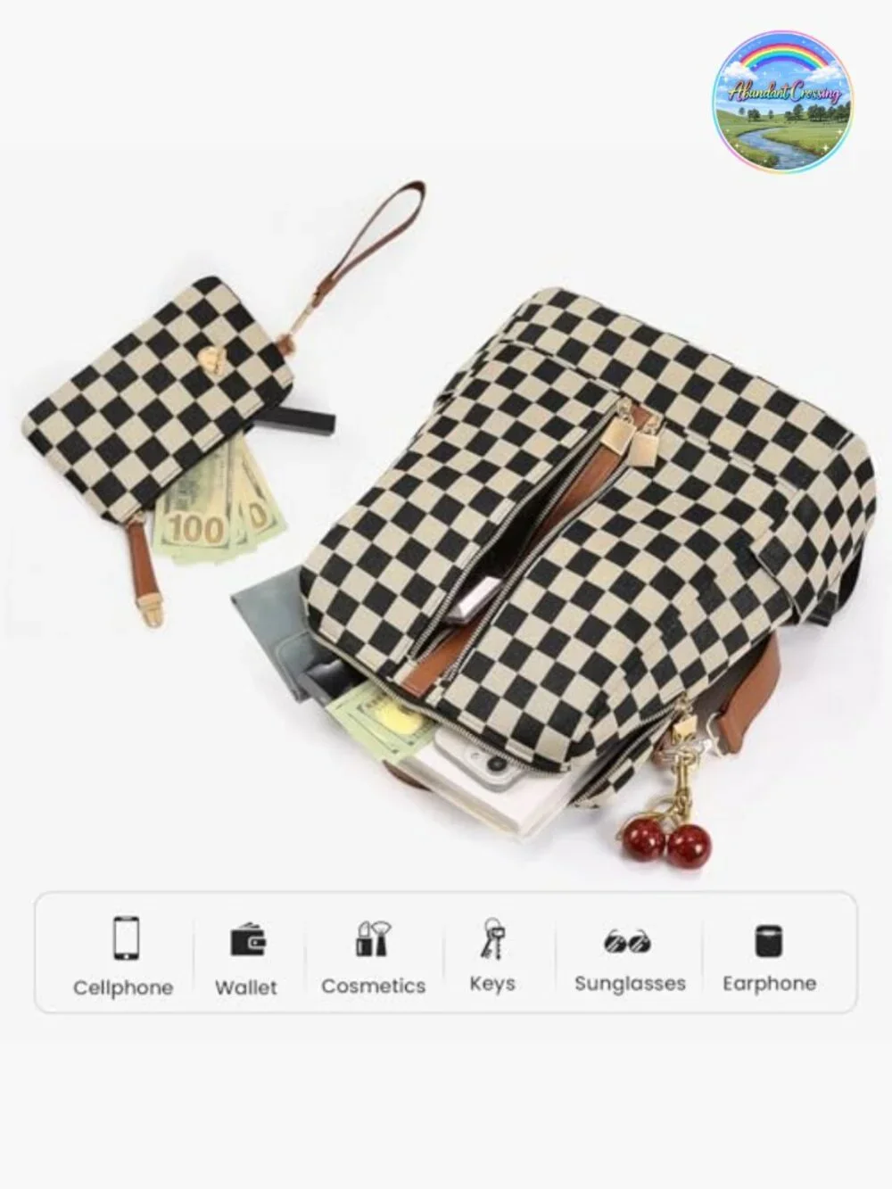 Small Checkered Backpack Purse for Women Canvas PU Leather Travel Daypack